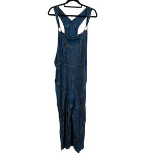 Sacred Threads Overalls Women L Blue Denim Patchwork Boho Y2K Retro Western 80s